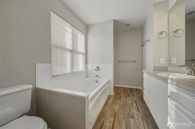 a bathroom with a bathtub a sink a toilet and a window