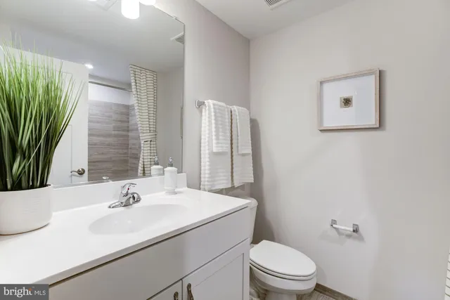 a bathroom with a sink a toilet and mirror