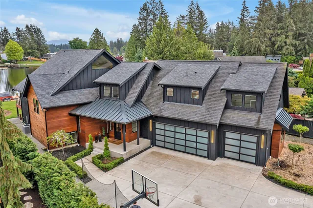 a aerial view of a house with a patio