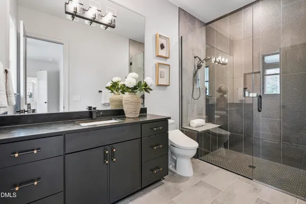 a bathroom with a granite countertop sink a toilet and a shower