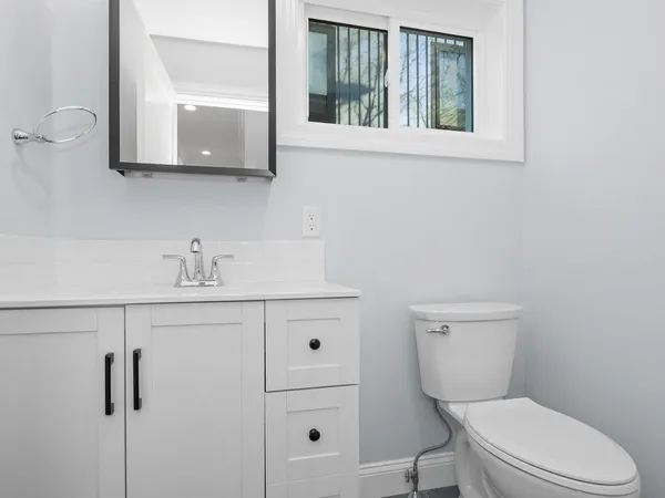 a bathroom with a toilet a sink a mirror and vanity