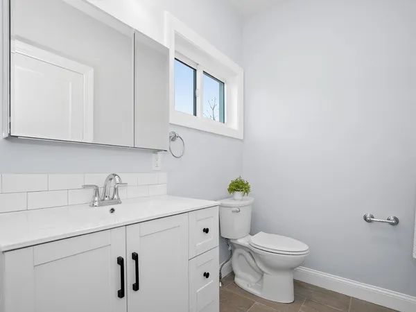 a bathroom with a sink a toilet and vanity