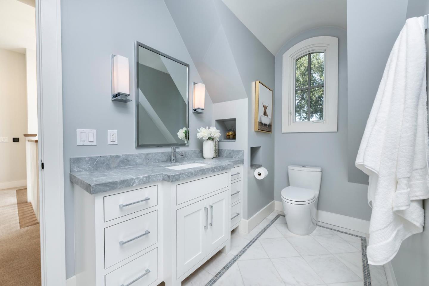48 Middlegate Street Atherton, CA 94027 - Photo 15 of 27 a bathroom with a granite countertop toilet sink and mirror