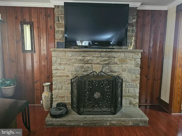 a fireplace with wooden floor