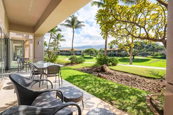 a view of a patio with table and chairs potted plants and a large tree