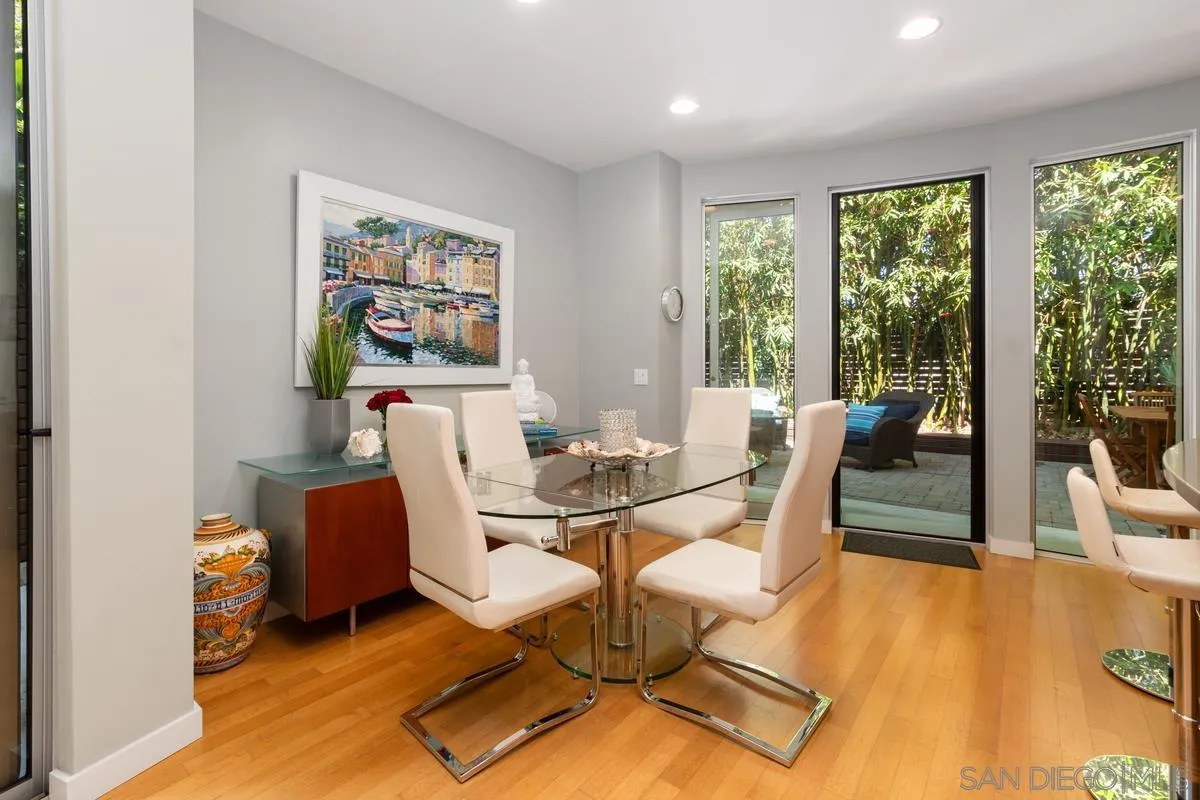 714 Bonair Way La Jolla, CA 92037 - Photo 11 of 36 a dining room with furniture a large window and wooden floor
