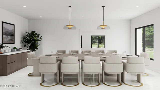 a view of a dining room with furniture window and outside view