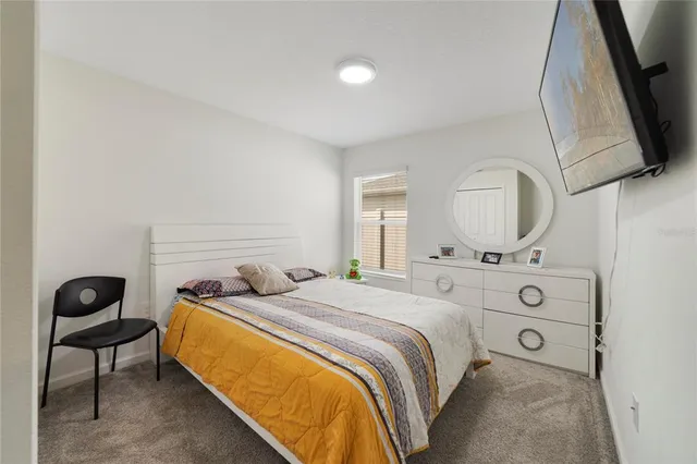 a bedroom with a bed and a closet