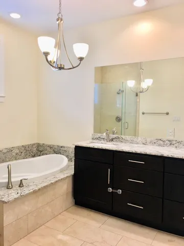 a bathroom with a tub a double vanity sink and a mirror