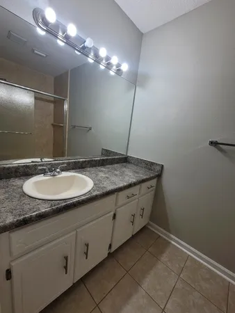 a bathroom with a sink and a mirror