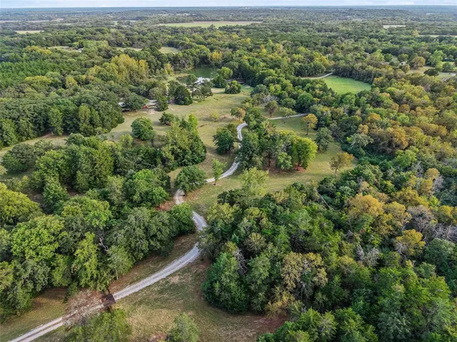 an aerial view of residential houses with outdoor space and trees