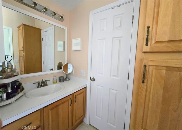 a bathroom with a sink vanity and a mirror