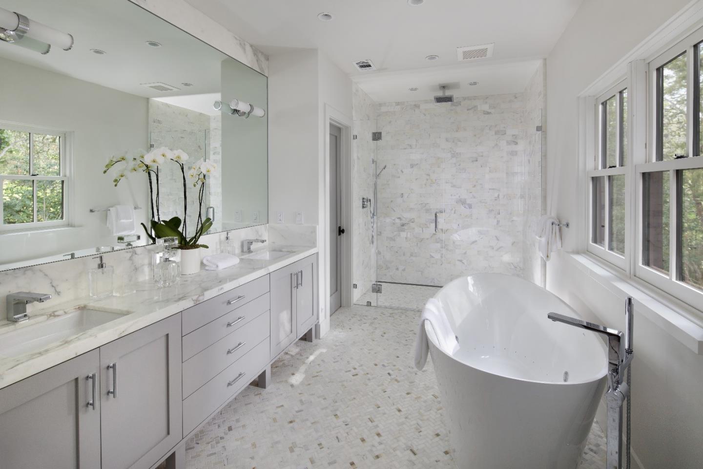 135 Dean Road Woodside, CA 94062 - Photo 14 of 31 a spacious bathroom with a double vanity sink mirror and bathtub
