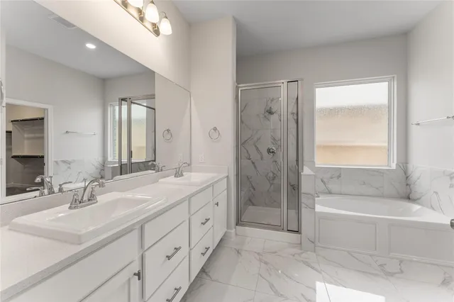 a bathroom with a double vanity sink mirror double and bathtub