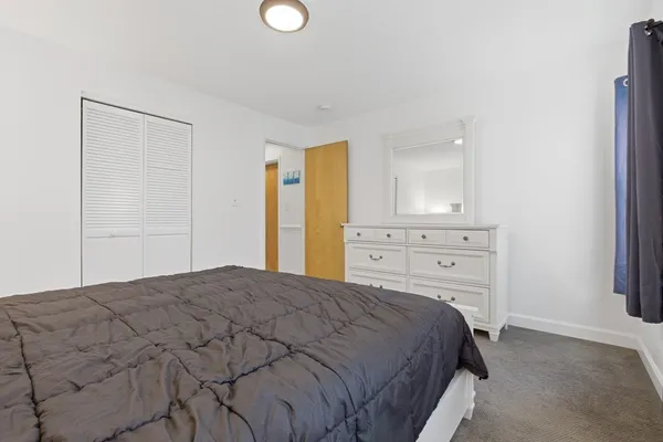 a bedroom with a bed and a closet