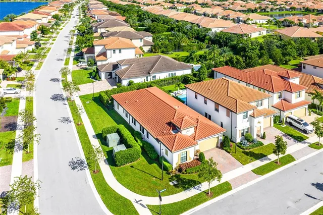 an aerial view of residential houses with yard