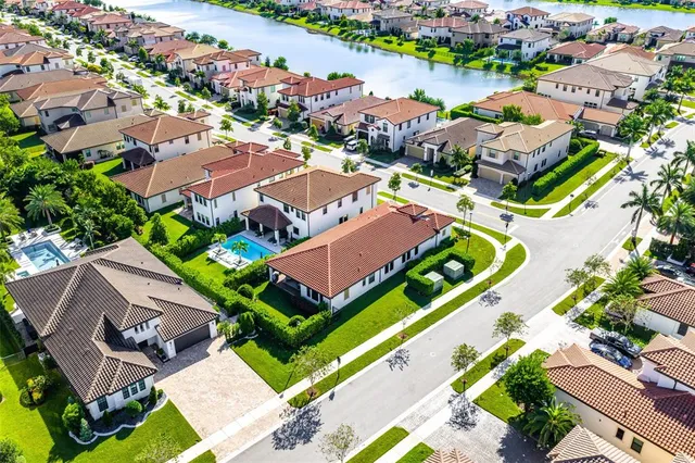 an aerial view of residential houses with outdoor space