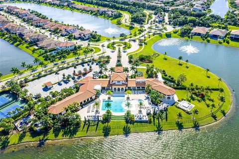 an aerial view of lake and residential houses with outdoor space