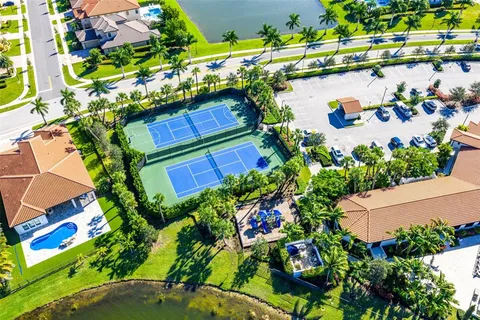 a view of a swimming pool with a yard
