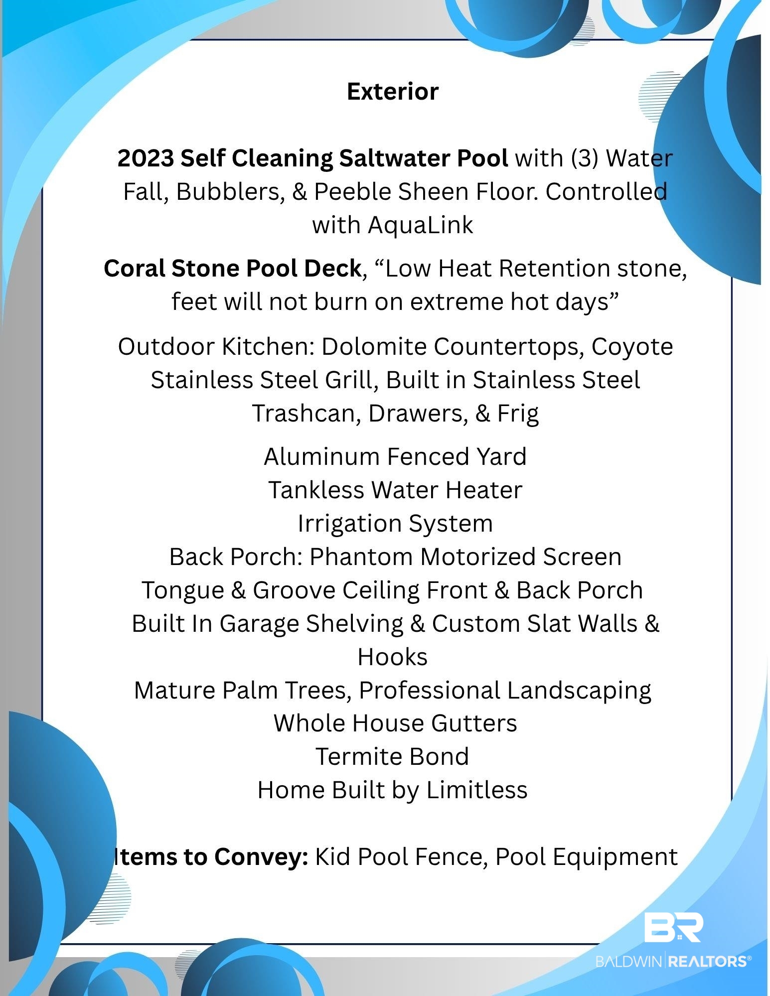 31319 River Road Orange Beach, AL 36561 - Photo 48 of 50 Property Features List. Detailing exterior amenities and items to convey with the property