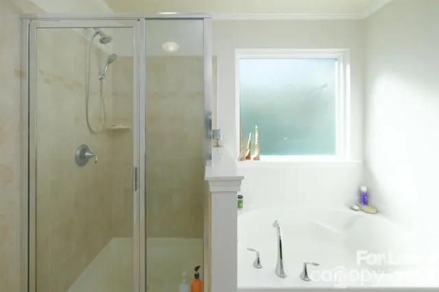 a bathroom with a bathtub and a shower