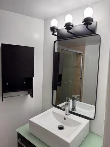a bathroom with a sink and a mirror