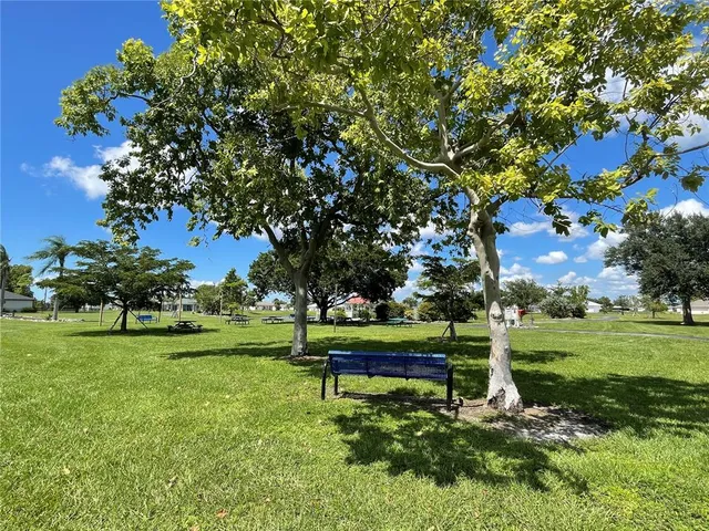 a garden with trees in the background