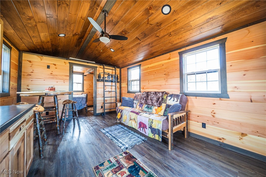 State Road Kingsville, OH 44048 - Photo 27 of 38 Living room with ceiling fan, wood ceiling, dark wood-style flooring, lofted ceiling, and wooden walls