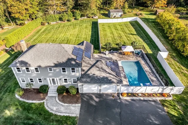 swimming pool view with a garden view