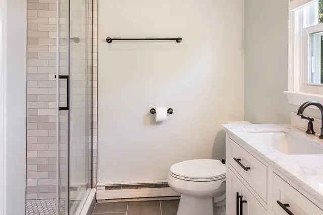 a bathroom with a sink a toilet and shower