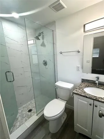 a bathroom with a granite countertop sink a toilet and shower