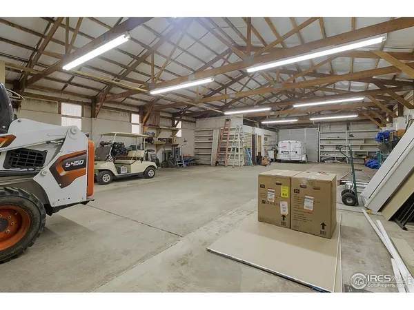a view of a garage with storage