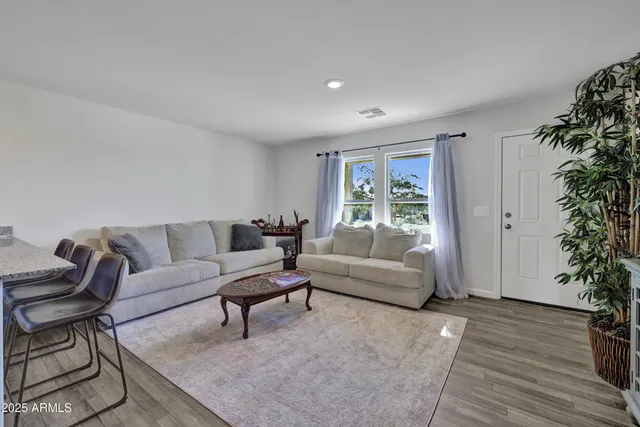 a living room with furniture and a potted plant
