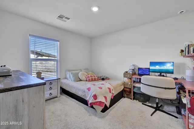 a bedroom with a bed a desk and chair