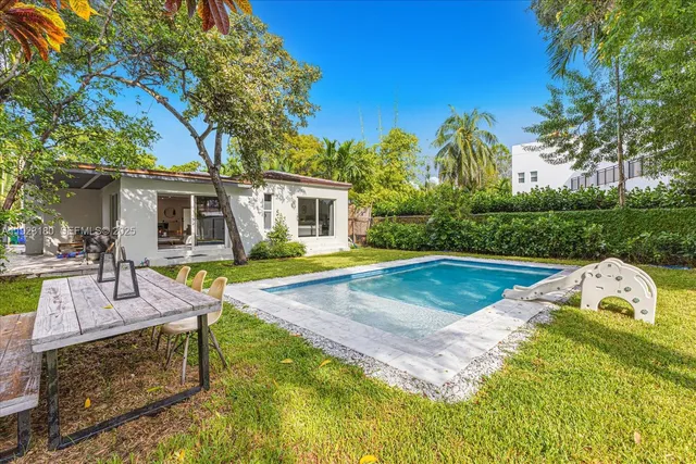 a view of a house with swimming pool and yard