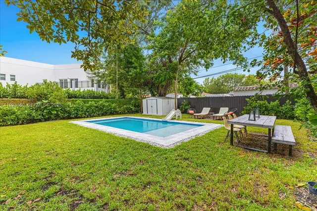 a view of a swimming pool with a yard
