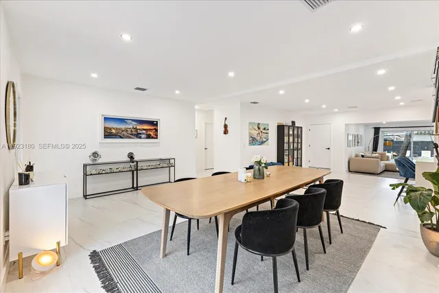 a view of a dining room with furniture and a rug