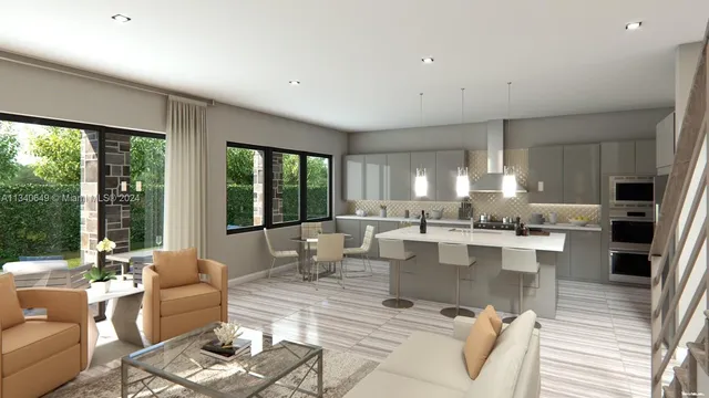 a living room with fireplace furniture and a large window