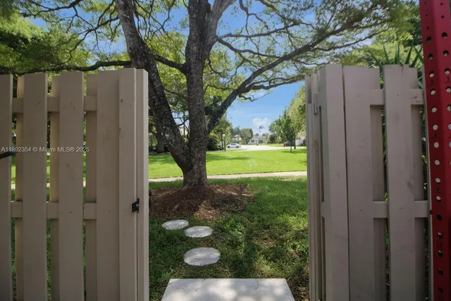 a view of a yard with a tree in a yard