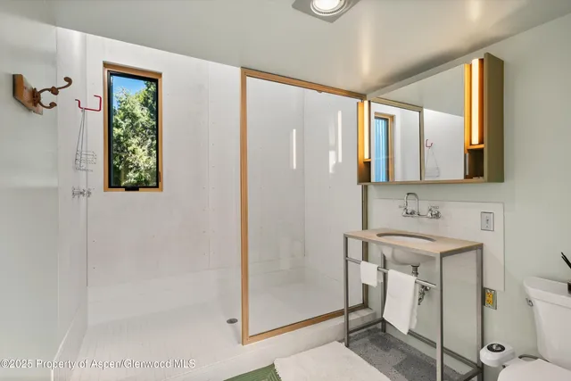 a bathroom with a toilet a sink a mirror and shower