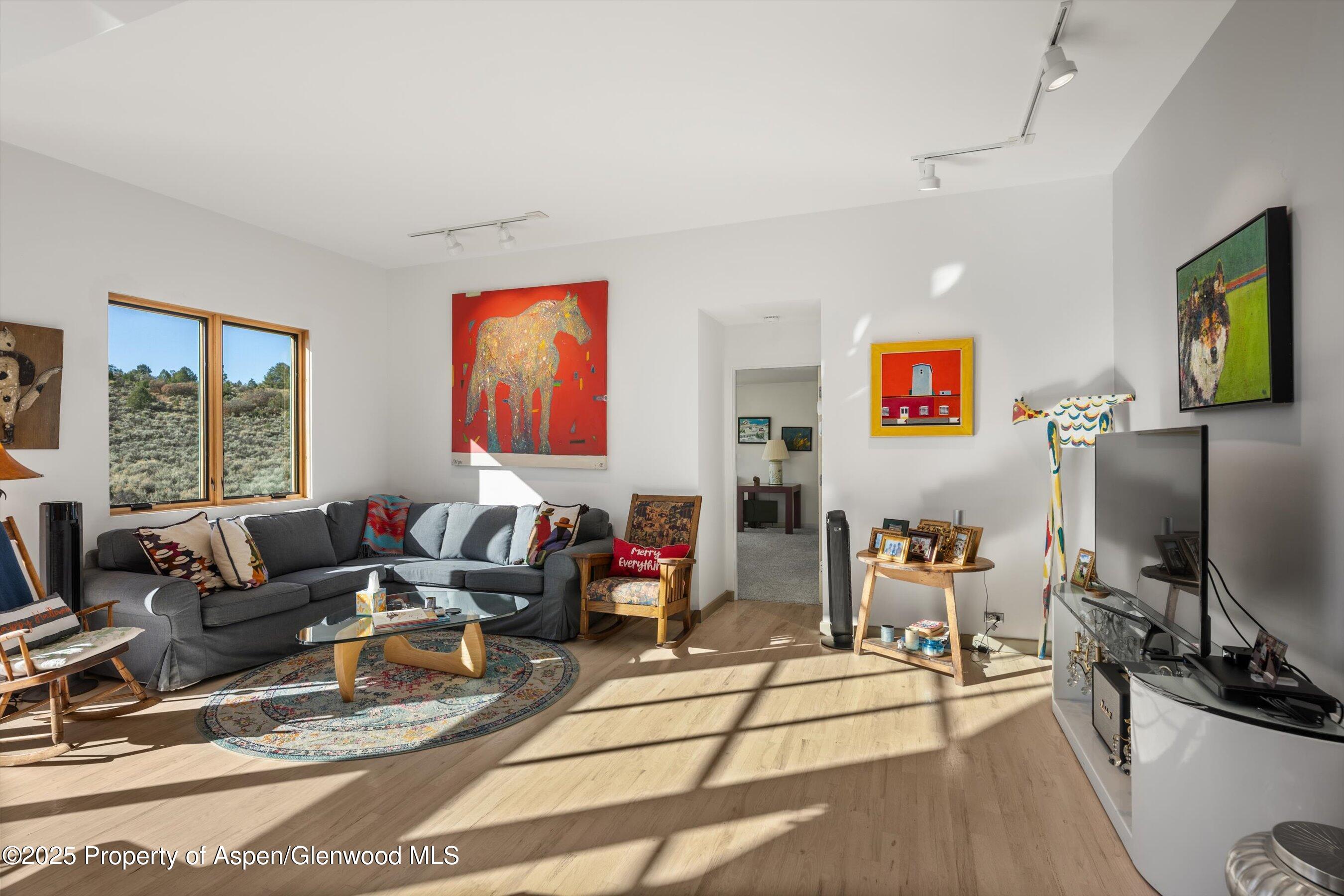 525 Cactus Flats Road Carbondale, CO 81623 - Photo 7 of 50 a living room with furniture a flat screen tv and a large window