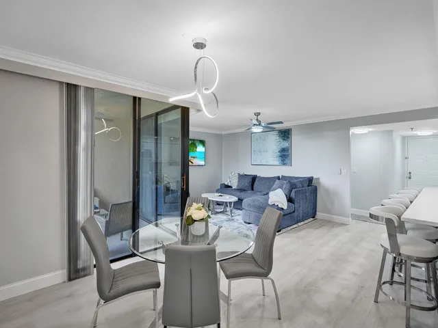 a view of a dining room with furniture