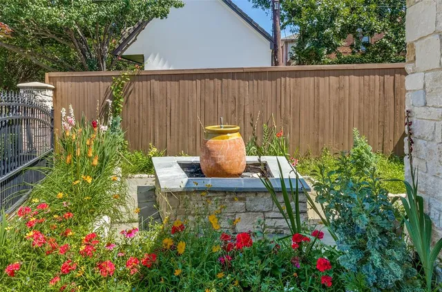 a garden view with a seating space