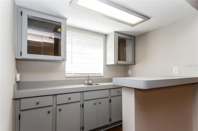 a kitchen with a sink and cabinets