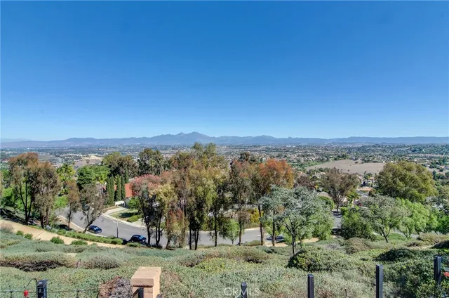 a view of a city with lush green forest