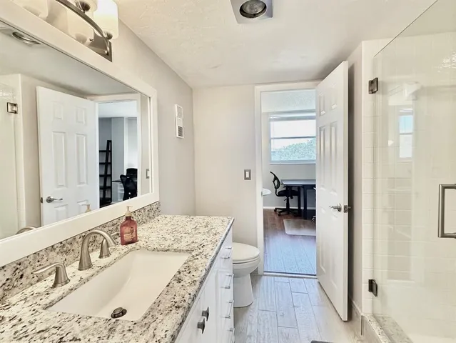 a bathroom with a sink a toilet and shower