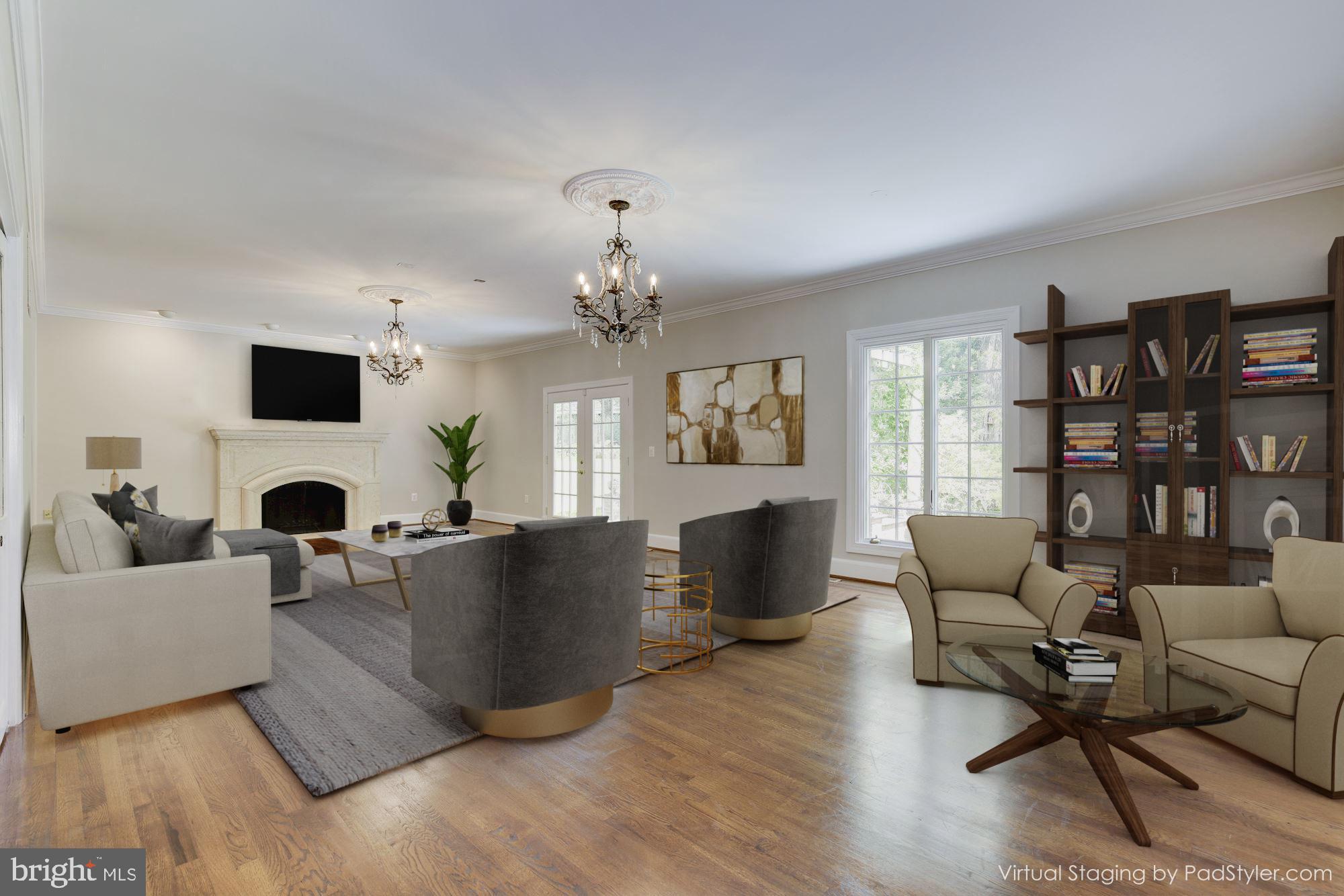 Fab Family Room, french doors (Virtually staged)