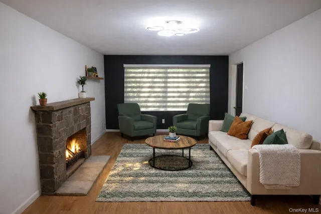 a living room with furniture and a fireplace