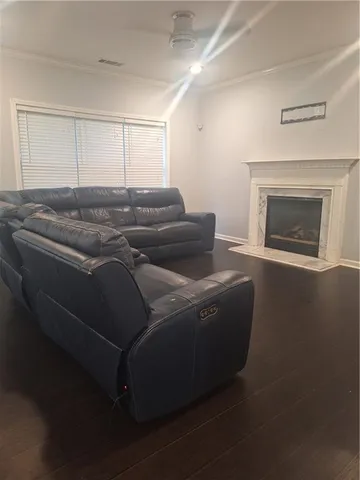 a living room with a fireplace