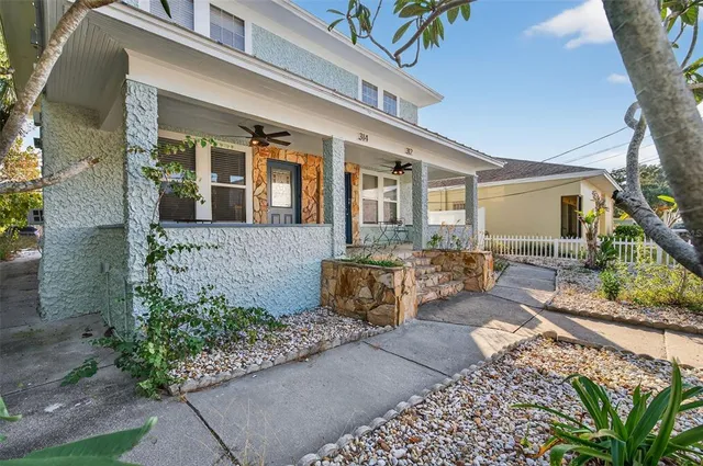 a view of a street with plants and trees